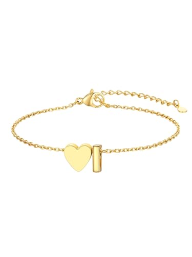 KeyStyle Initial Heart Bracelet for Women Waterproof Stainless Steel Chain | 14K Gold Plated /Silver A-Z Letter Adjustable Charm Bracelet, Hypoallergenic Non Tarnish Dainty Gift for Everyday Wear - color: 14K Gold Plated-I