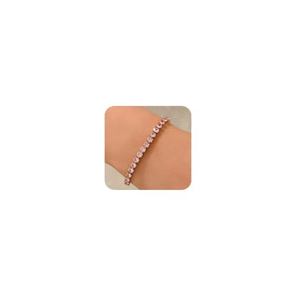 18K Gold Plated Tennis Bracelets for Women, Adjustable Cubic Zirconia Bracelet with Multi-color 4mm CZ Diamond Paperclip Chain, Dainty Trendy Birthday Bridal Jewelry Gifts for Women Daily Party Wear - color: Pink