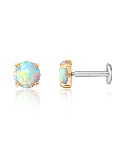 limerencia G23 Hypoallergenic 18g Flat Back Stud Earrings | F136 Implant Grade Titanium Press Fit Threadless Push Pop in Cartilage Helix Labret Lip Monroe Tragus Piercing Studs - color: 4mm White Opal Gold