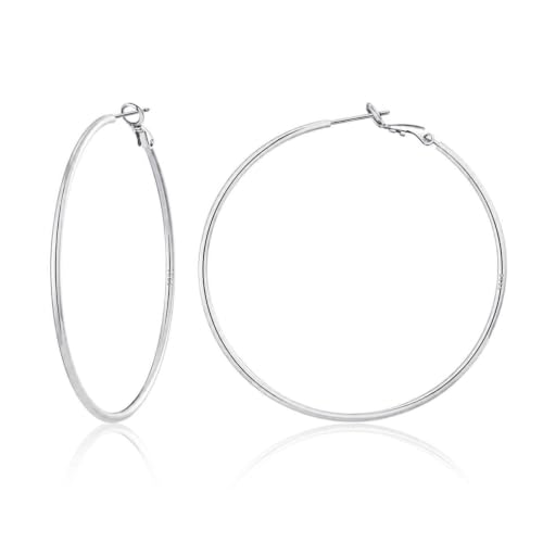 2MM S925 Sterling Silver Hoop Earrings Thin Gold Large Hoop Earring Lightweight Hypoallergenic Big Silver Thin Hoops Earring Gold Hoops Earrings for Women 30/40/50/60 MM - color: 50mm-Silver