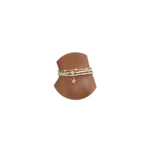 Qceasiy Starfish Ankle Bracelets for Women, Boho Beaded Beach Anklets Set | Gold-plated layered anklets in seashell, disc, and conch styles, with stretch or adjustable fits for summer beach outfits. - color: Gold 1