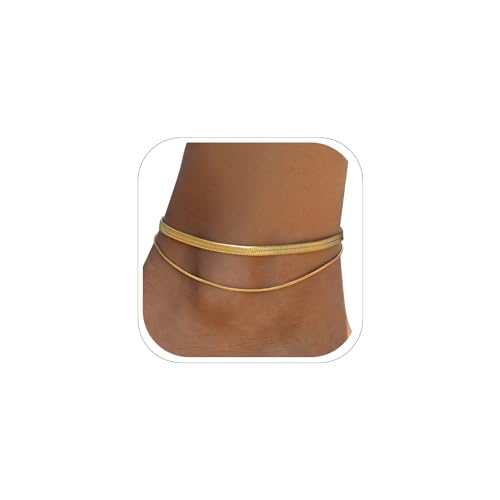 FOCALOOK 14K Gold Plated Anklets for Women Waterproof Plus Size Ankle Bracelet 8.5-10.5 Inch Adjustable Mariner/Figaro/Flat Snake/Cuban Link Chain Anklet Jewelry for Summer Beach Holiday - color: O:2 Layers Anklet-Gold
