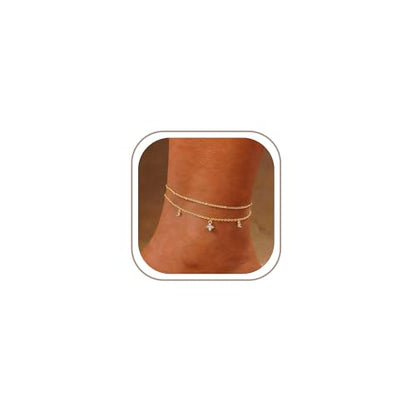 Gold Anklet Set for Women, Layered Beach Anklets | Layered gold-tone ankle bracelets, designed for beach days, vacations, and summer wear - style: Gold Anklet 3