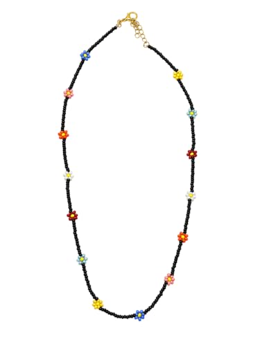 Handmade Colorful Flower Beaded Choker Necklace Black Seed Bead | Adjustable Lobster Clasp, Daisy Floral Accents, Lightweight Daily Wear, Boho Style, Women & Girls