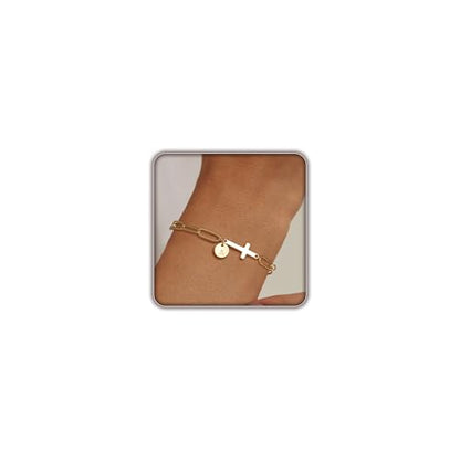 Gold Bracelets for Women,14K Gold-Plated Dainty A-Z Letter Cross Initial Bracelet for Women, Hypoallergenic Paperclip Chain Bracelets Fashion Accessories Religious Christian Gift - color: A