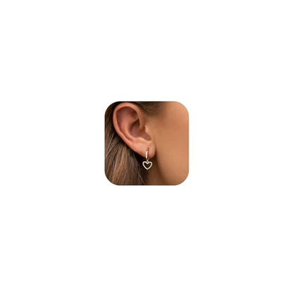 FIBO STEEL 14K Gold Plated Hoop Earrings with Charms for Women Huggie Hoops | Hypoallergenic 925 Sterling Silver Post Dangle Earrings Small Silver Gold Hoops Earring Cubic Zirconia Dangle Drop Jewelry - color: Hollow Heart - 14K Gold Plated
