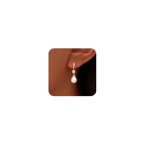 Pearl Earrings for Women, 14k Drop Earrings Gold Earrings for Women Trendy Dainty CZ Long Pearl Dangle Earrings Cute Prom Wedding Earring Dangling Bridal Jewelry Gifts