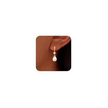 Pearl Earrings for Women, 14k Drop Earrings Gold Earrings for Women Trendy Dainty CZ Long Pearl Dangle Earrings Cute Prom Wedding Earring Dangling Bridal Jewelry Gifts