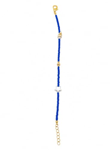 Handmade Blue Beaded Anklet with Star & Shell Charm | Adjustable Fit up to 12in, Gold-Tone Accents, Seed Bead Design, Lightweight & Comfortable, Beach & Boho Style