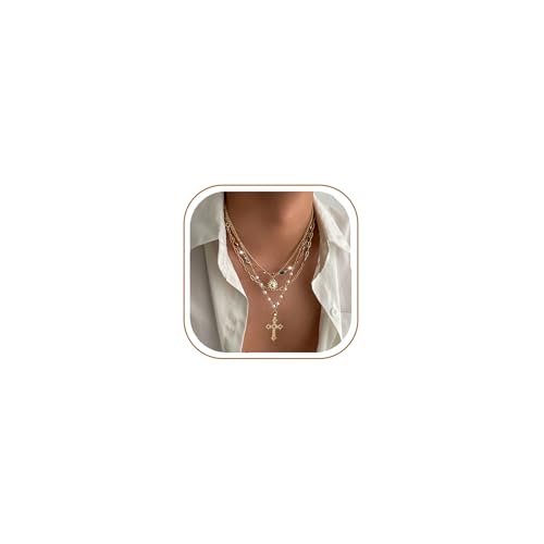 MODRSA Gold Stacked Layered Necklaces for Women Pearl Pendant Charm Cross Lariat Slip Shell Starfish Y Chain Necklace Adjustable Silver Boho Jewelry Gifts for Women Summer Vacation Beach Accessories - color: A1- Layered cross pearl - Gold