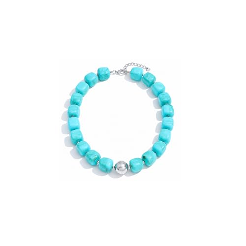 Mchic Colorful Beaded Choker Necklace for Women: Boho Large Square Acrylic Beaded Necklace Stainless Steel Adjustable Surfer Beach Strand Necklaces Summer Handmade Jewelry Gift for Women - color: Teal-Silver