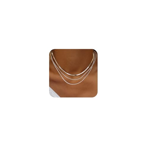 Freekiss Layered Necklace Set for Women Stackable | Herringbone Snake Cuban Rope Chain, Dainty Choker, Layered Stackable, Non Tarnish, Hypoallergenic, Adjustable 14-18.5" - color: Silver, style: 3Snake+Rope+Cuban
