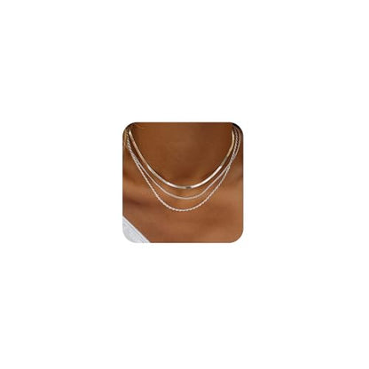Freekiss Layered Necklace Set for Women Stackable | Herringbone Snake Cuban Rope Chain, Dainty Choker, Layered Stackable, Non Tarnish, Hypoallergenic, Adjustable 14-18.5" - color: Silver, style: 3Snake+Rope+Cuban