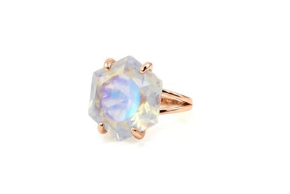 Hexagon Cut Rainbow Moonstone Ring – 14k Gold June Birthstone Gemstone Ring for Women – Handmade Geometric Crystal Jewelry with Natural Blue Flash
