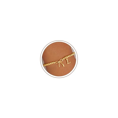 M MOOHAM Bow Initial Bracelets for Women Girls, Letter A-Z Beaded Bracelet | 14K Gold Plated, Bow Bracelets for Girls, Gold Bracelet, Beaded Initial Bracelet, Birthday Gift for Teen Girl Jewelry - color: L