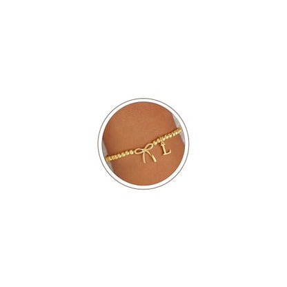 M MOOHAM Bow Initial Bracelets for Women Girls, Letter A-Z Beaded Bracelet | 14K Gold Plated, Bow Bracelets for Girls, Gold Bracelet, Beaded Initial Bracelet, Birthday Gift for Teen Girl Jewelry - color: L
