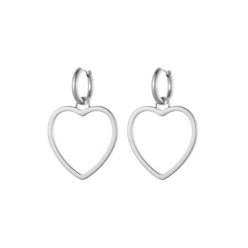 Hollow Heart Dangle Drop Small Hoop Earrings for Women Stainless Steel Huggie Dangling Charm Love Hearted Cartilage Hoops Earring Minimalist Ear Jewelry for Her Daughter Birthday Hinged 10mm - color: Silver