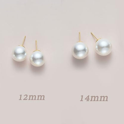 Oversized Faux Pearl Stud Earrings for Women, 14K Gold Plated Sterling Silver Hypoallergenic Large Classic Lightweight Pearl Earrings - size: White-12mm