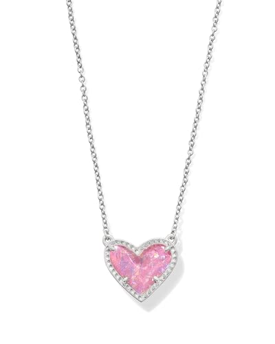 Kendra Scott Ari Heart Adjustable Length Pendant Necklace for Women, Fashion Jewelry - color: RHODIUM - PINK IRIDESCENT GLITTER GLASS