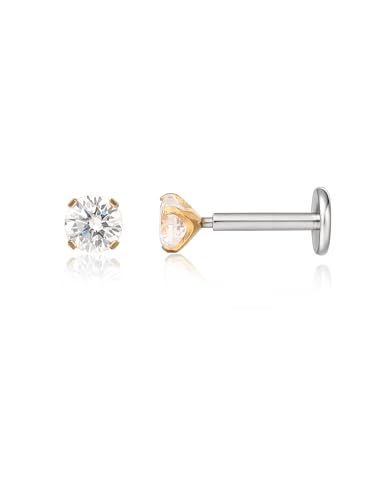 limerencia G23 Hypoallergenic 18g Flat Back Stud Earrings | F136 Implant Grade Titanium Pressfit Threadless Push Pop in Cartilage Helix Labret Lip Monroe Tragus Flat Back Piercing Studs - color: 3mm White CZ Gold