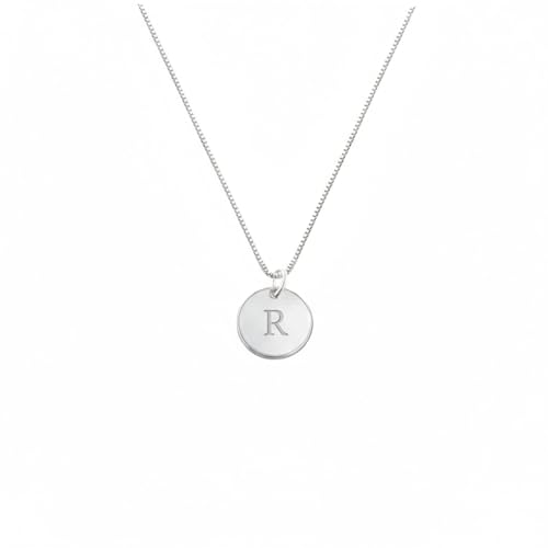 OAK & LUNA - Sterling Silver A-Z Initial Disc Necklace - Letter Pendant on Box Chain, Elegant & Gift‑Ready - style: Letter R