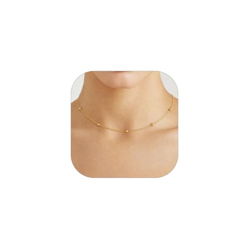 FOCALOOK Choker Necklace for Women, Double Layered Boho Beaded Choker Chain | Dainty 14K Gold Plated/Silver/Black Metal, Simple Small Satellite Beaded Chain Necklace, Hypoallergenic for Everyday Wear - color: 02.Satellite Beads-Gold