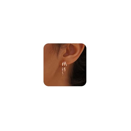 Dangle Earrings for Women,14k Gold Plated Triple Huggie Stud Earrings Cute Statement Chain Earring Dainty Drop Earrings for Women Trendy Gold Plated Jewelry - color: rose gold - dangle2
