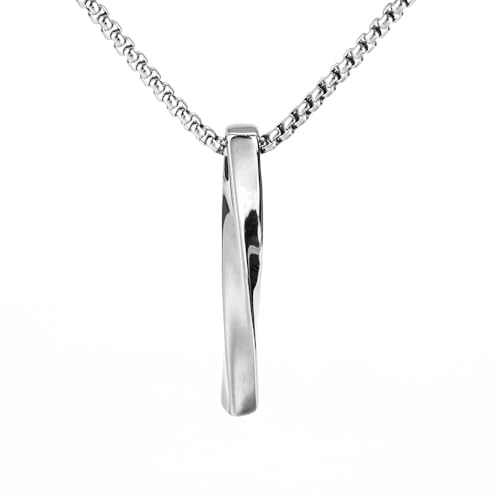 18K Gold Plated Minimalist Twisted Bar Pendant Necklace for Men and Women, Sleek Geometric Vertical Stick Jewelry with Stainless Steel Box Chain, Modern Unisex Design in White Gold Finish