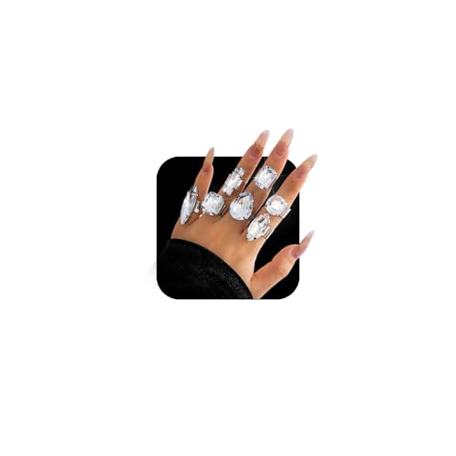 Statement Big Bling Rhinestone Costume Rings Stack Chunky Unique Silver Crystal CZ Large Knuckle Cocktail Ring Pack Cool Prom Jewelry Set for Women Trendy - style: Bling