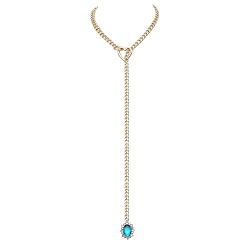 Women's Heart O-Ring Slip Chain Necklace, Double Layered Adjustable 39'' Cuban Chain with Detachable Heart Clasp and Colorful Rhinestone Pendant - color: 25'' Gold-Ocean Blue