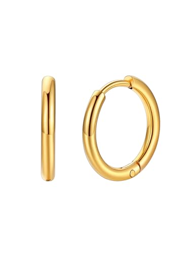 FaithHeart Stainless Steel Black/Silver/Gold Huggie Hoop Earrings for Men | Hypoallergenic Small Hoop Earrings Lightweight Sleeper Earrings Waterproof Cartilage Piercing Jewelry Gift 8-16mm - color: Gold-Round, size: Diameter 12mm