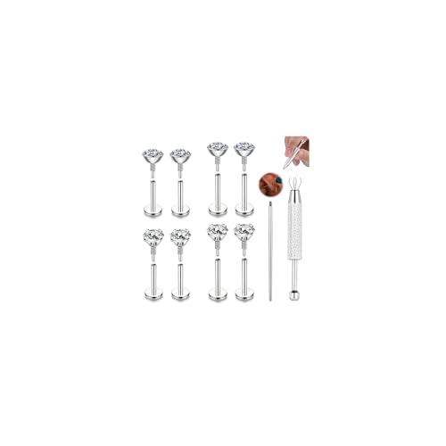 Long Internally Threaded Tragus Piercings 16G 18G 20G Medusa Lip Jewelry Surgical Steel Flat Back Earrings Cartilage Helix Studs Nose Rings Monroe Labret Stud - color: 18G(1.0mm);BL:6mm+8mm
