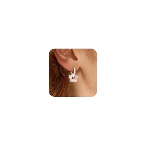 Robaice Pearl Earrings for Women, 14K Gold Plated Dangle Drop Earrings | Small Pearl Drop Huggie Hoop Earrings, Hypoallergenic Dainty Gold Earrings, Wedding Jewelry Gifts for Women Trendy - style: silver flower-1