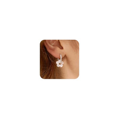 Robaice Pearl Earrings for Women, 14K Gold Plated Dangle Drop Earrings | Small Pearl Drop Huggie Hoop Earrings, Hypoallergenic Dainty Gold Earrings, Wedding Jewelry Gifts for Women Trendy - style: silver flower-1