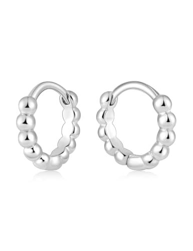 Fiusem 14K Gold Plated Huggie Hoop Earrings for Women | 8/10/12 Hypoallergenic Small Twisted beaded Huggie Earrings - color: Silver Bead, size: 8MM