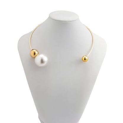 14K Gold Plated Large Pearl Open Necklace for Women | Simple Statement Pearl Open Geometric Bead Choker Necklace Modern Party Anniversary Club Jewelry Gifts - color: Gold