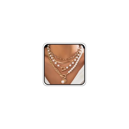 Chunky Gold Layered Big Pearl Necklaces Set Bulk for Women Trendy | Luxury Stack Half Chain Half Pearl Beads Statement Necklace OT Buckle Paperclip Choker Vintage Coin Pendant Necklaces Jewelry