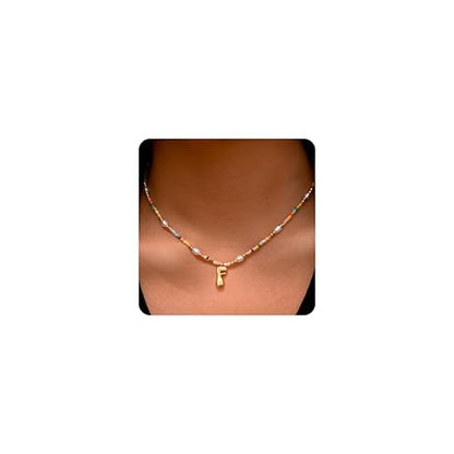 Ritach Initial Necklaces for Women Girls Kids - Light Colorful Beaded Pearl Initial Necklace Gold/Silver Bubble Pendant Letter Necklace for Women Teens Girls Kids Birthday Gifts - color: Gold, style: F