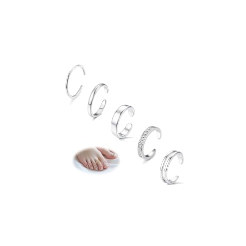 5Pcs 14K Gold Filled Toe Rings for Women Non Tarnish Adjustable Gold CZ Wide Band Toe Rings Summer Beach Waterproof Open Gold Toe Ring Jewelry for Summer - color: silver