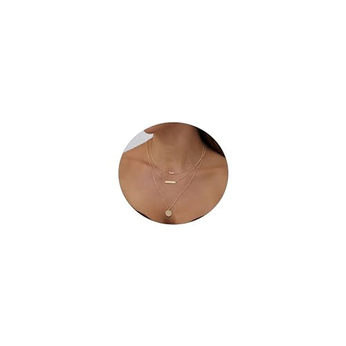 ASCOMY Layered Necklaces for Women Dainty Gold Necklace 14K Gold Plated Herringbone Necklace for Women Pearl Cross Necklace Paperclip Cuban Figaro Rope Satellite Chain Gold Choker Trendy Jewelry Gift - style: 3Layered Bar Pearl Hammered-GD