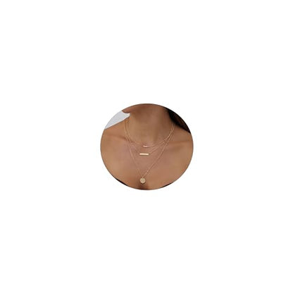 ASCOMY Layered Necklaces for Women Dainty Gold Necklace 14K Gold Plated Herringbone Necklace for Women Pearl Cross Necklace Paperclip Cuban Figaro Rope Satellite Chain Gold Choker Trendy Jewelry Gift - style: 3Layered Bar Pearl Hammered-GD