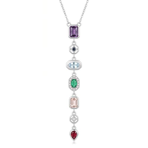 18K Gold Plated Seven Chakra Necklace for Women, Dainty Y Necklace Lariat Drop Pendant, Crystal Healing Yoga Jewelry Gifts - color: Silver 01