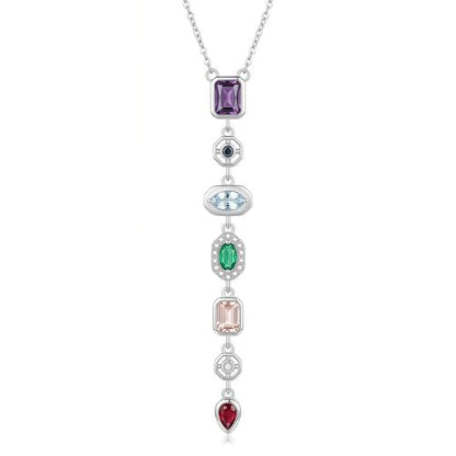 18K Gold Plated Seven Chakra Necklace for Women, Dainty Y Necklace Lariat Drop Pendant, Crystal Healing Yoga Jewelry Gifts - color: Silver 01