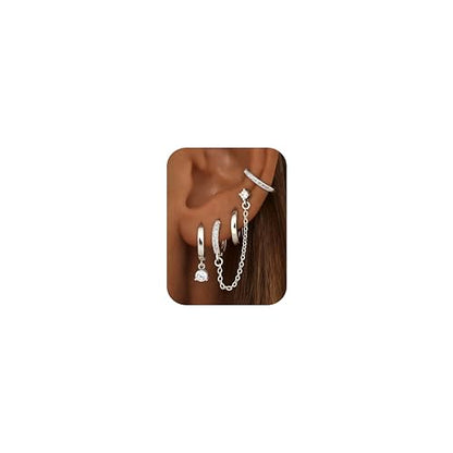4 Pairs Small Hoop Earrings for Women 14K Gold Plated | Trendy Chain Drop Earrings Set, Hypoallergenic CZ Huggie Hoops, Lightweight Cartilage Earring Stacks - color: Silver Plated-dangle hoop