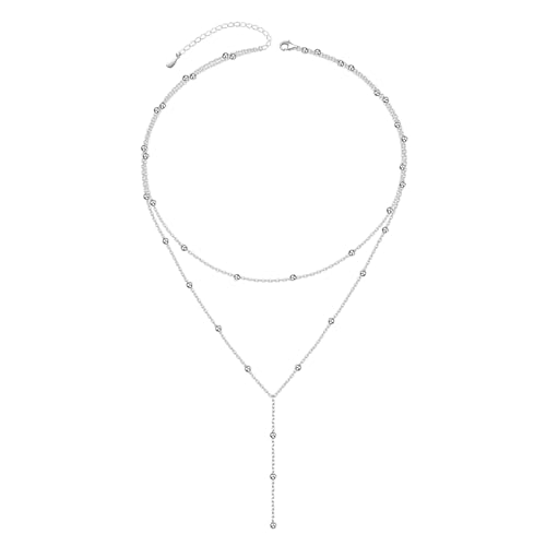 FLYOW Layered Necklace S925 Sterling Silver Y Shaped Jewelry - style: Beads Style
