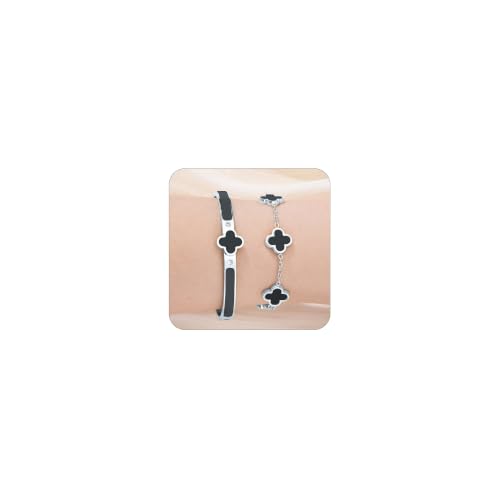 Gold Clover Bangle Bracelets for Women Men 2pcs Bracelet Stack | 18K Gold Plated Stainless Steel Non Tarnish,Chunky Black and White Jewelry,Four Leaf Clover Bracelet Bangles gifts for women - color: Silver-Black Set
