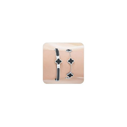 Gold Clover Bangle Bracelets for Women Men 2pcs Bracelet Stack | 18K Gold Plated Stainless Steel Non Tarnish,Chunky Black and White Jewelry,Four Leaf Clover Bracelet Bangles gifts for women - color: Silver-Black Set