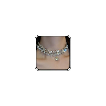 Bohemia Rhinestone Crystal Necklace Pearl Choker Wedding Jewelry Bridal Diamond Pendant for Women - color: Silver