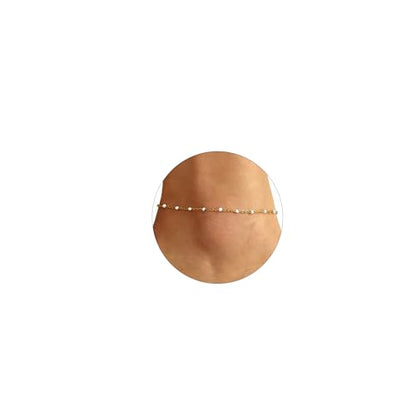 Dainty Ankle Bracelets for Women 18K Gold Plated Beaded Anklet Chain Simple Tiny Beads Anklet Waterproof Minimalist Summer Beach Foot Jewelry Gifts - color: White Beads-Gold