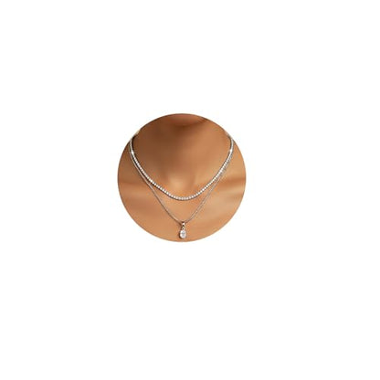 Layered Necklaces for Women, Dainty 14K Gold Plated Diamond Tennis Necklace, Simple Stackable Layered Gold Necklaces for Women Trendy Sparkly Cubic Zirconia Pendant Necklace Set Jewelry Gift - color: Silver - Tennis & Irregular Diamond